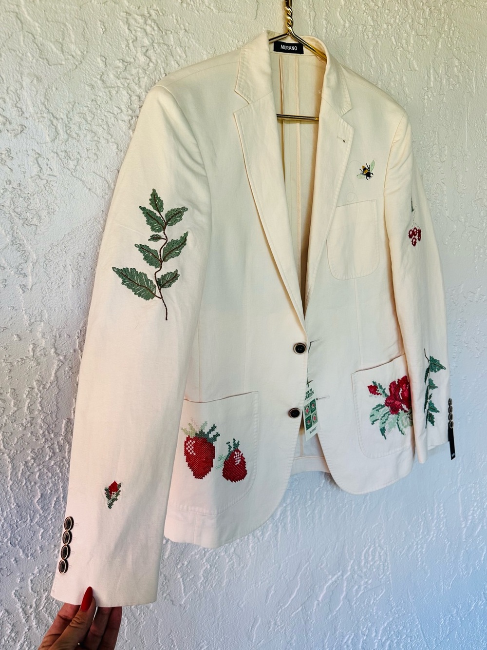 New Murano Garden Collection Embroidered Linen Cotton Floral Bee Blazer Jacket - Picture 6 of 11